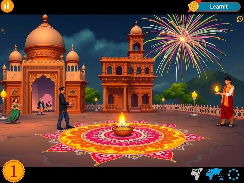 Diwali celebration event in the game Saffron Crown Legacy Diwali event with fireworks and rangoli designs